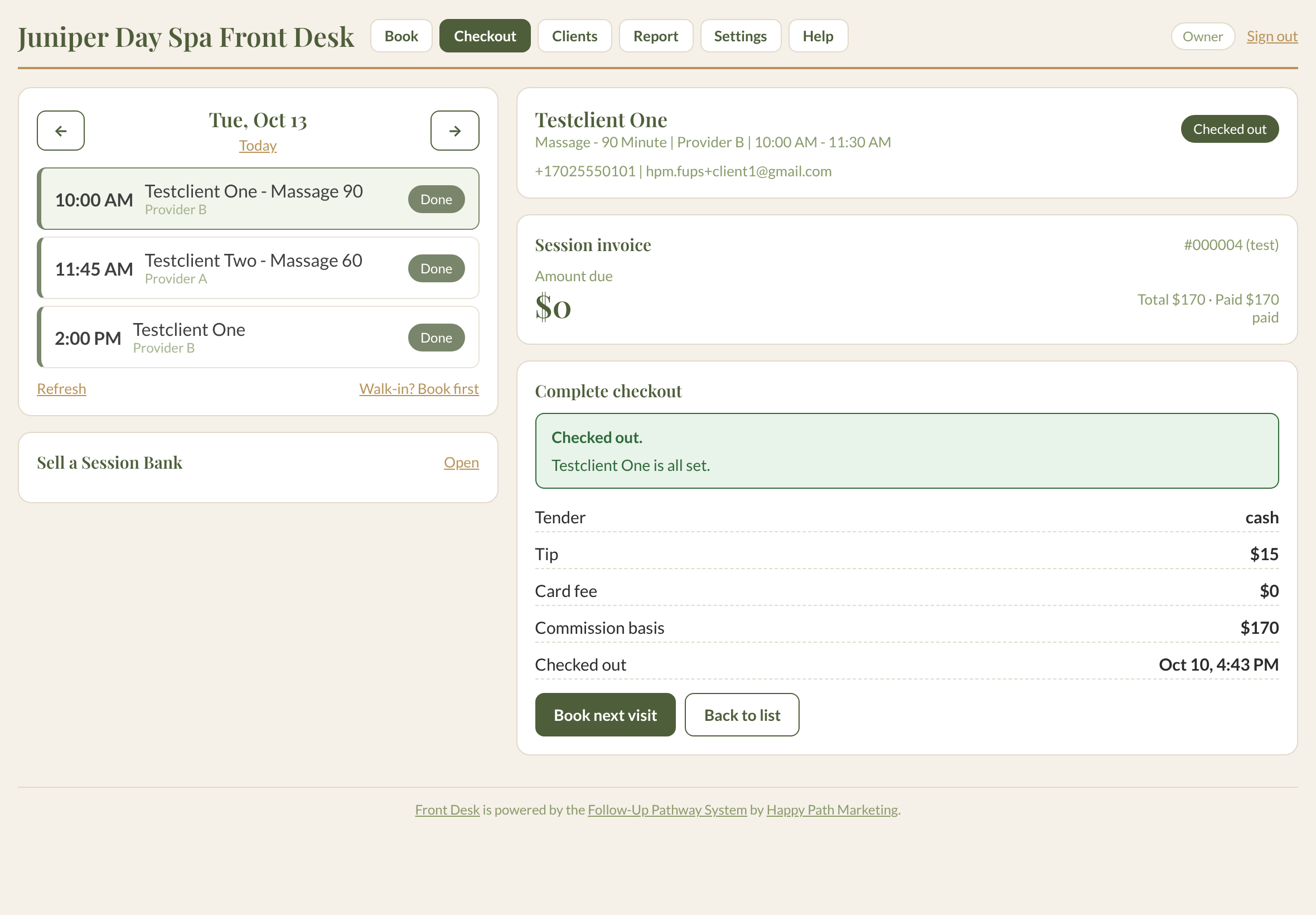Front Desk checkout screen on an iPad showing an appointment, the session invoice and payment options